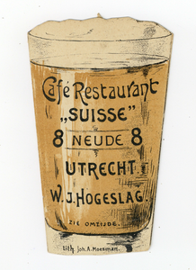 711474 Voorzijde van een openklapbare prijscourant in de vorm van een glas bier, van “Suisse”, Café-Restaurant, ...